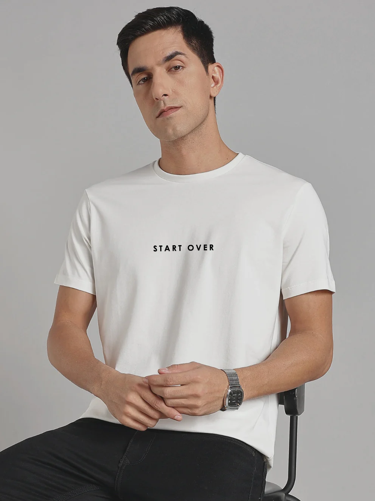 Solid Men's Premium Muscle Fit Cotton Crew T-shirt Start Over Chalk White