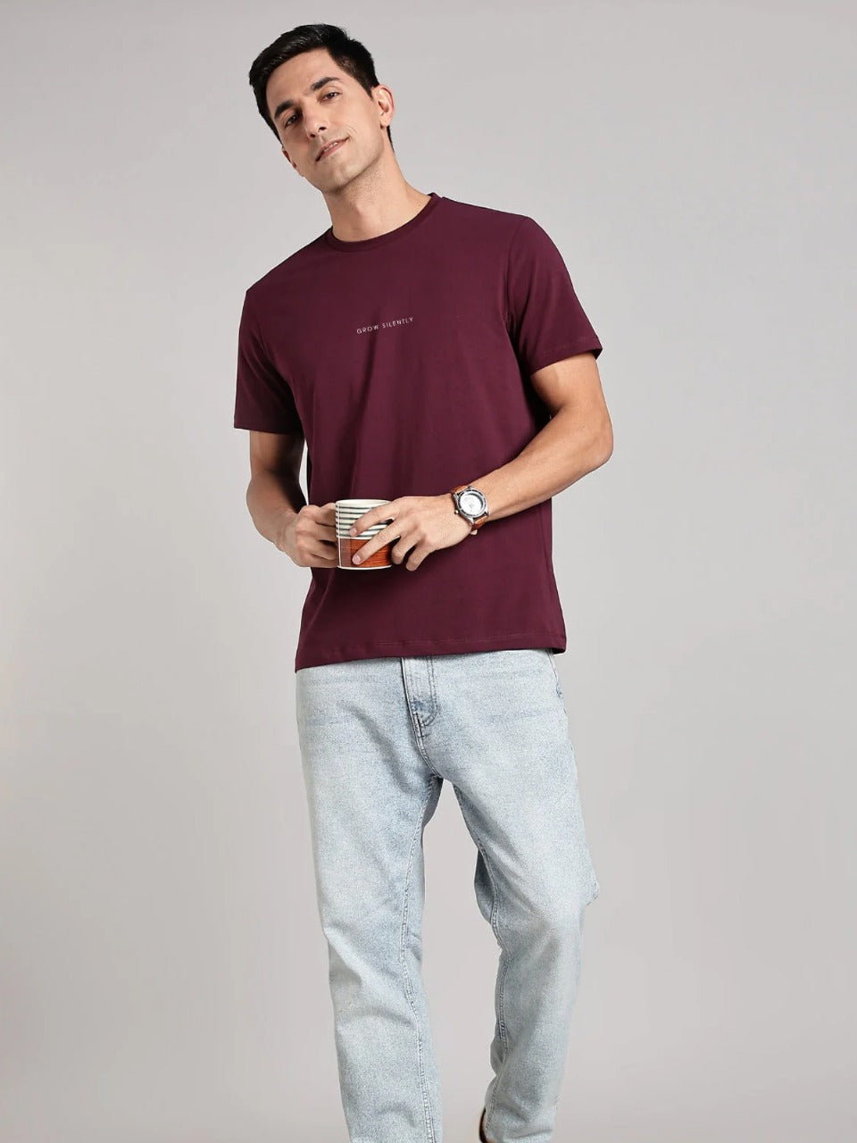 Solid Men's Premium Muscle Fit Cotton Crew T-Shirt Grow Silently Workday Wine
