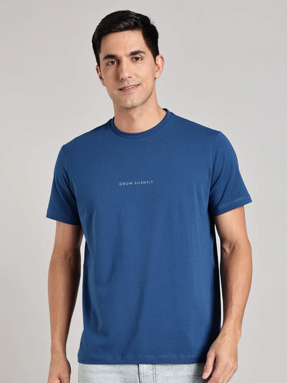 Solid Men's Premium Muscle Fit Cotton Crew T-Shirt Grow Silently Airforce Blue