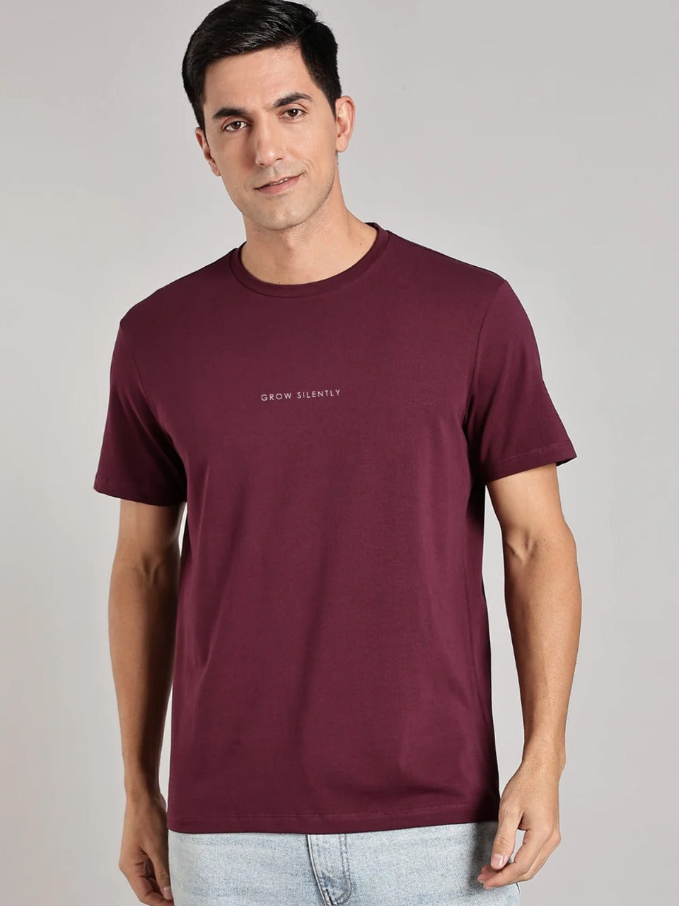 Solid Men's Premium Muscle Fit Cotton Crew T-Shirt Grow Silently Workday Wine