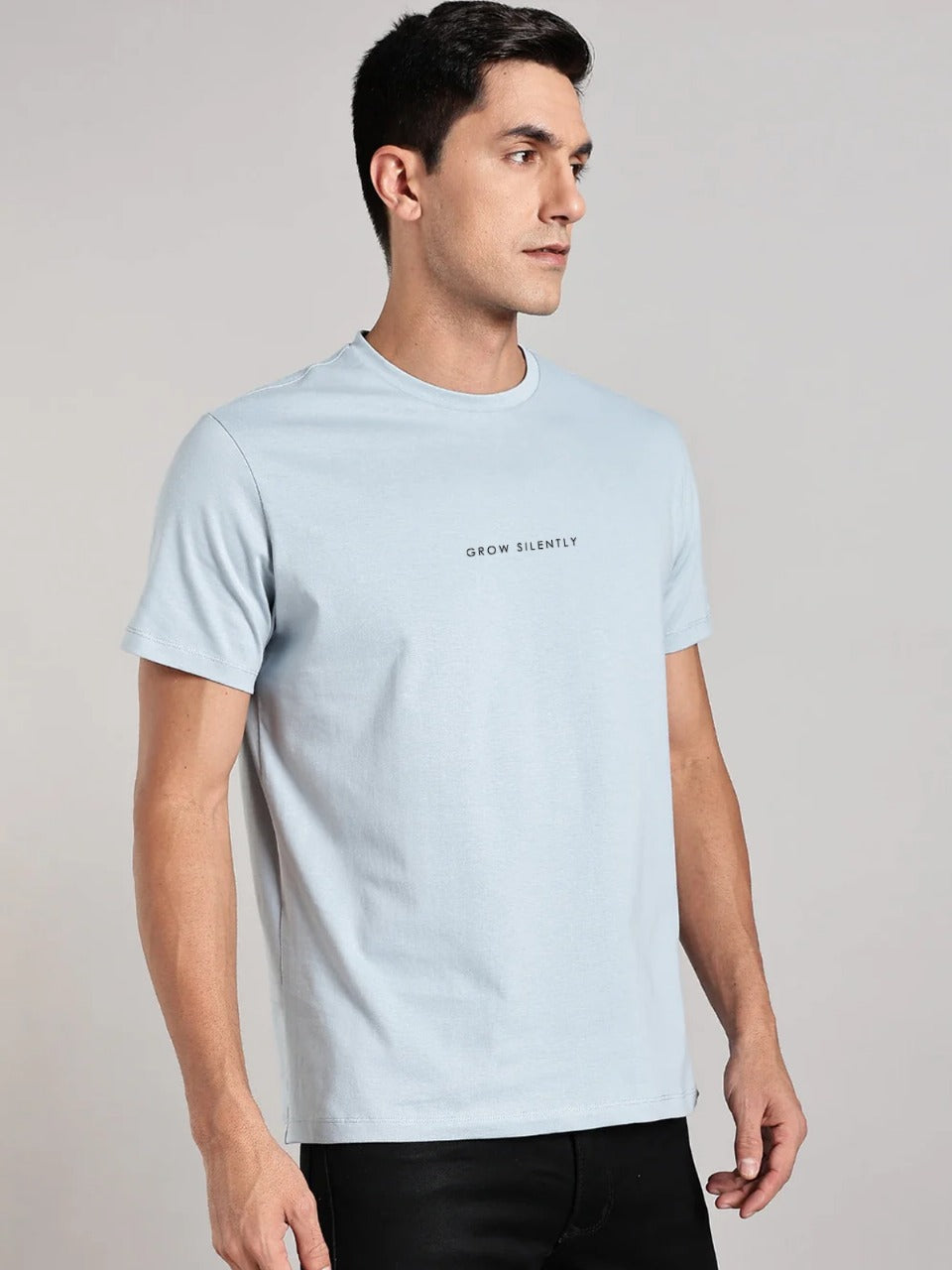 Solid Men's Premium Muscle Fit Cotton Crew T-Shirt Grow Silently Bubble Blue