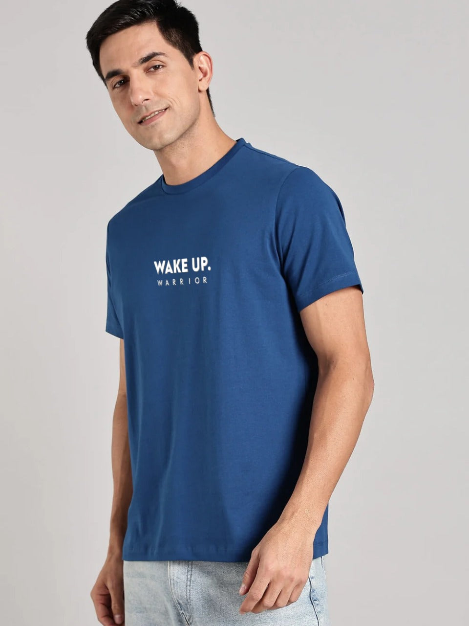 Solid Men's Premium Muscle Fit Cotton Crew T-shirt Wake Up Warrior Airforce Blue