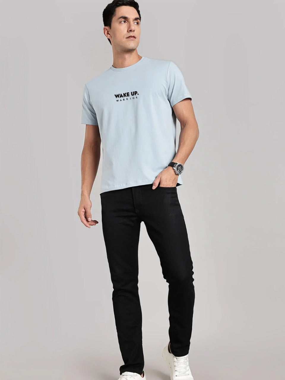 Solid Men's Premium Muscle Fit Cotton Crew T-shirt Wake Up Warrior Bubble Blue