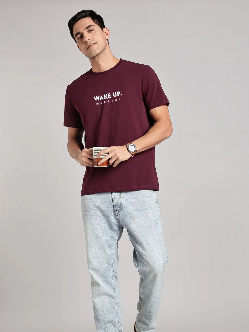 Solid Men's Premium Muscle Fit Cotton Crew T-shirt Wake Up Warrior Workday Wine