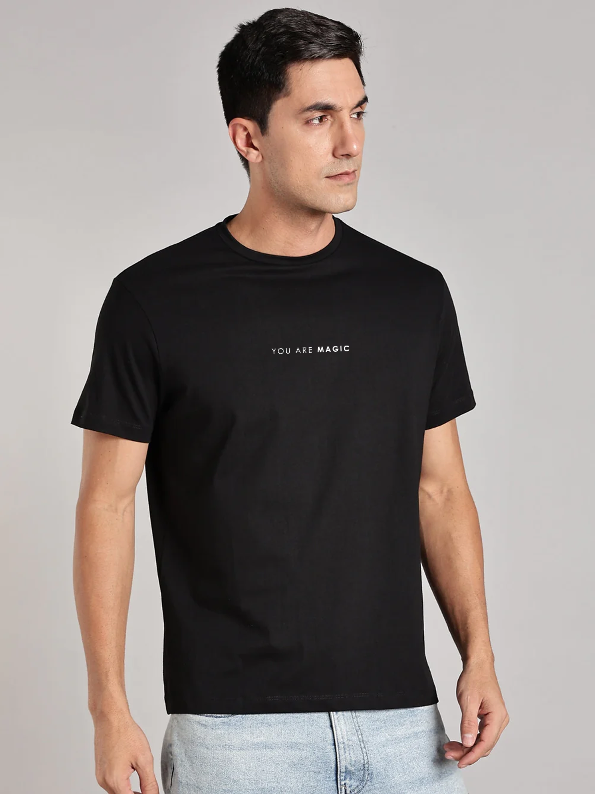 Solid Men's Soft Premium 100% Cotton Crew T-Shirt You are Magic Brave Black